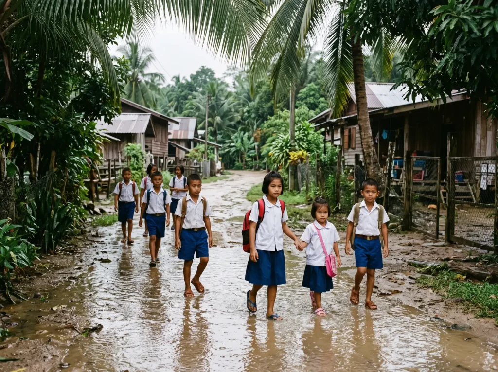 Anak-anak berjalan di jalan kampung yang tergenang