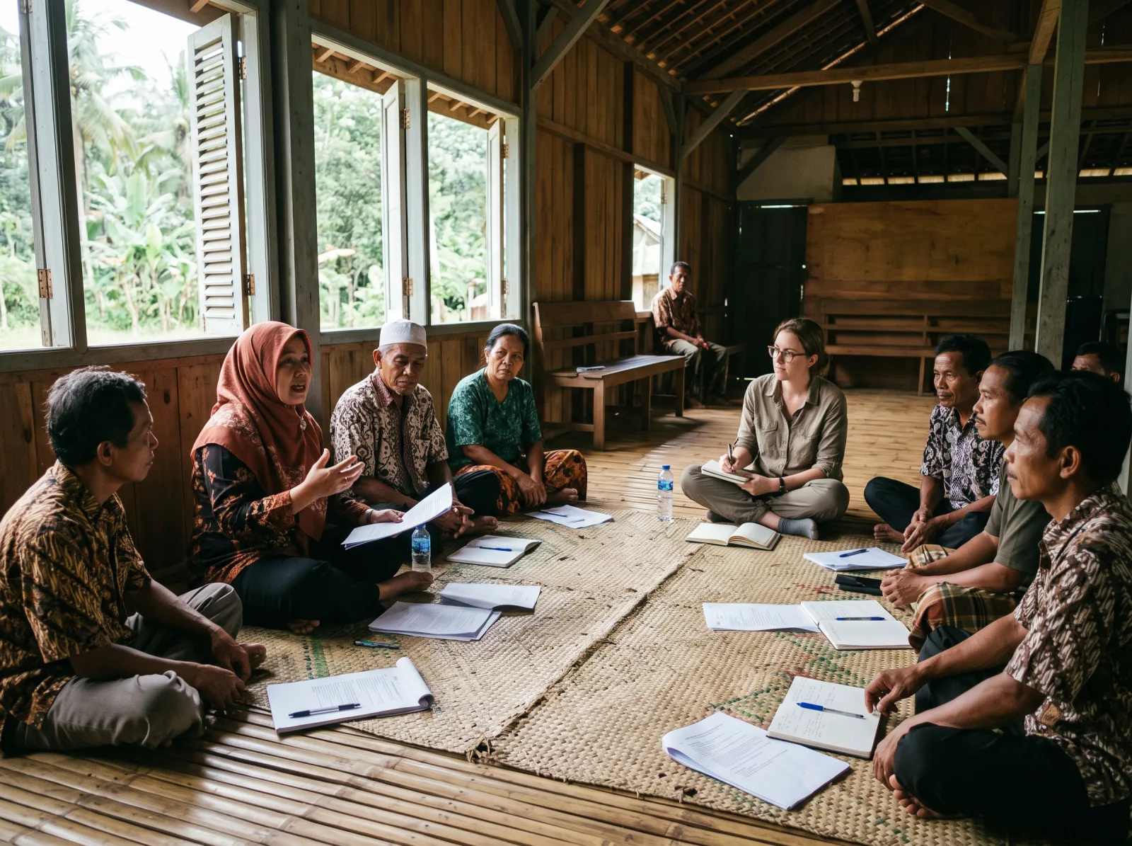 Diskusi warga dan peneliti di balai desa