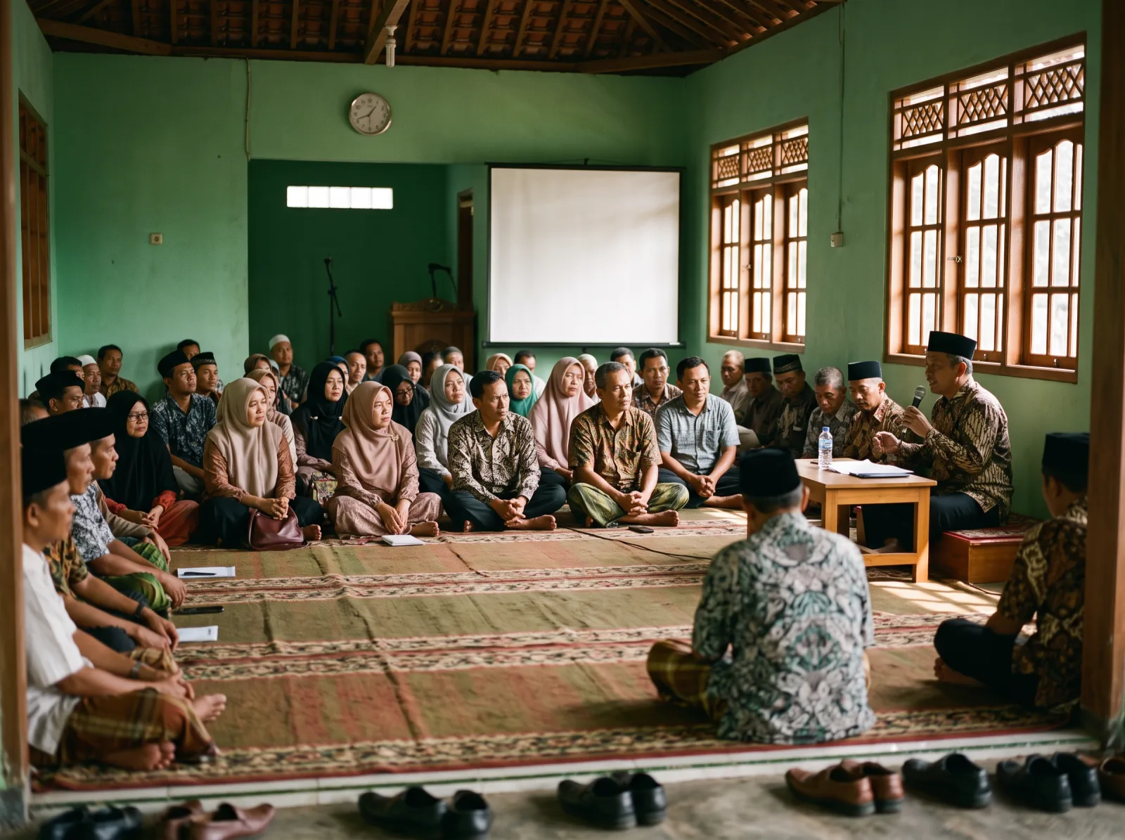 Warga mengikuti diskusi di ruang ibadah komunitas