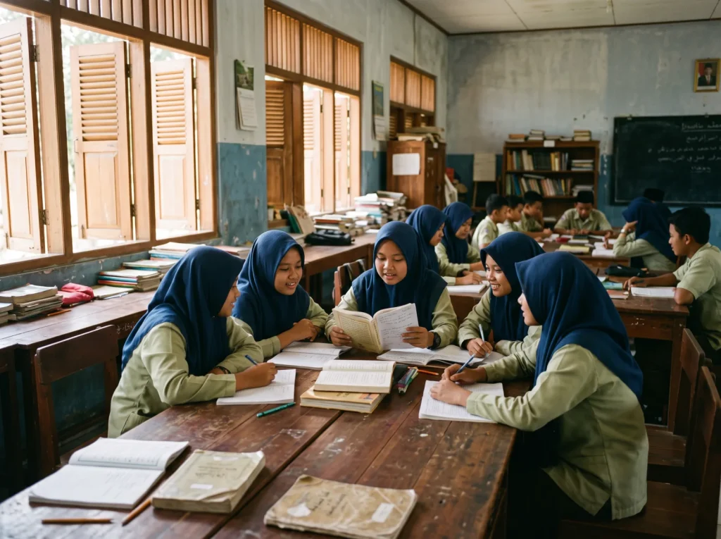 Santri belajar bersama di ruang kelas