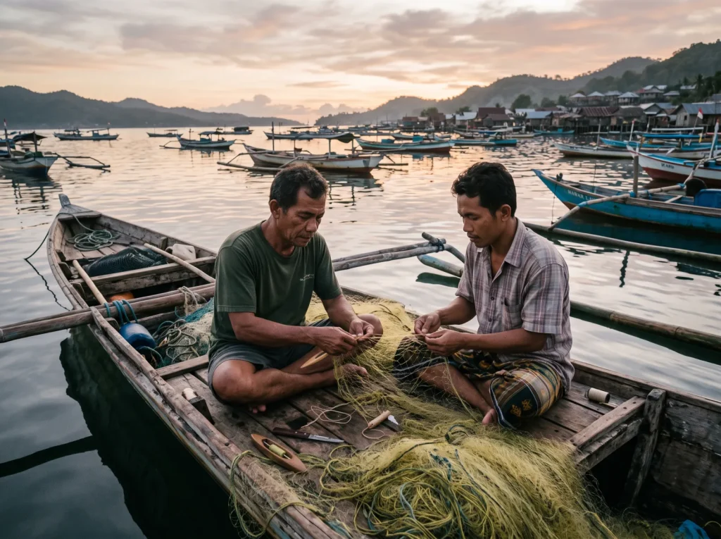 Nelayan memperbaiki jaring di perahu kayu